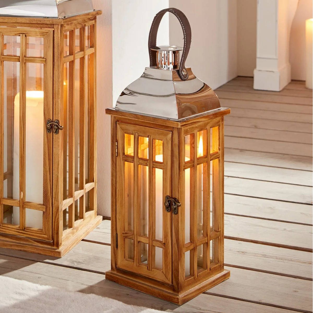 Windlicht Laterne Holz geflammt mit Ledergriff