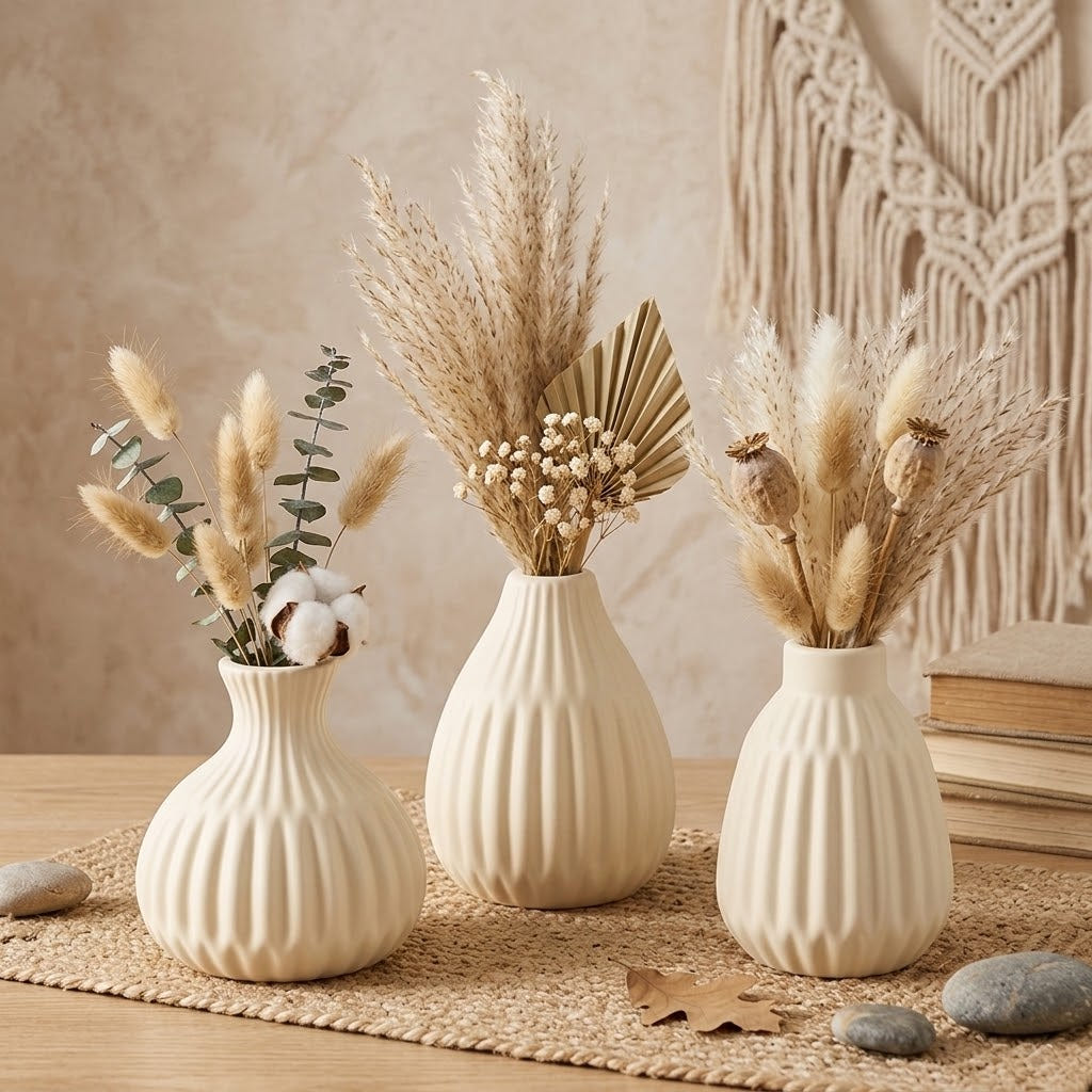 Keramikvasen 3er Set - Struktur Boho Beige h12