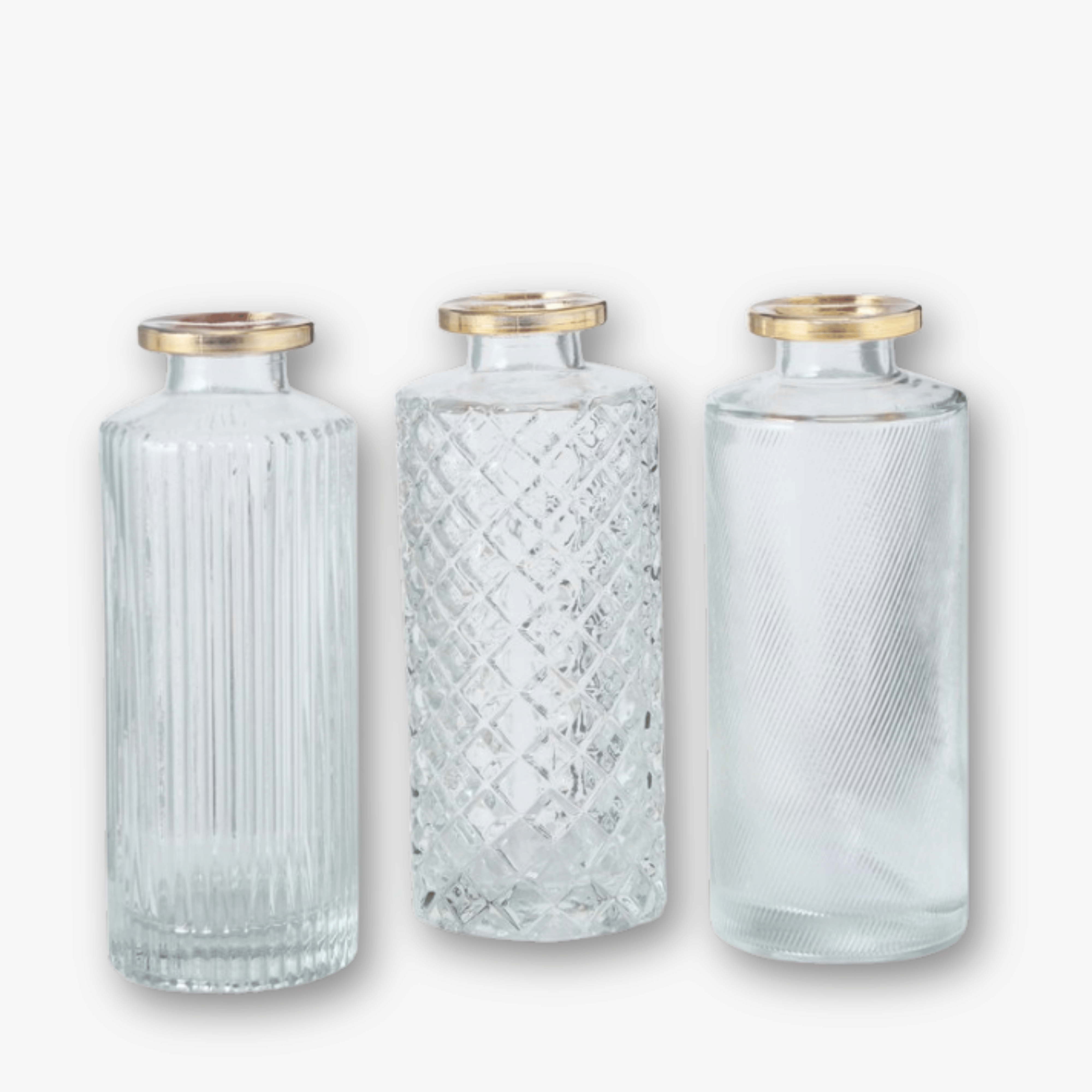 Flaschenvasen 3er Set - Struktur Mix Goldrand Klar h13
