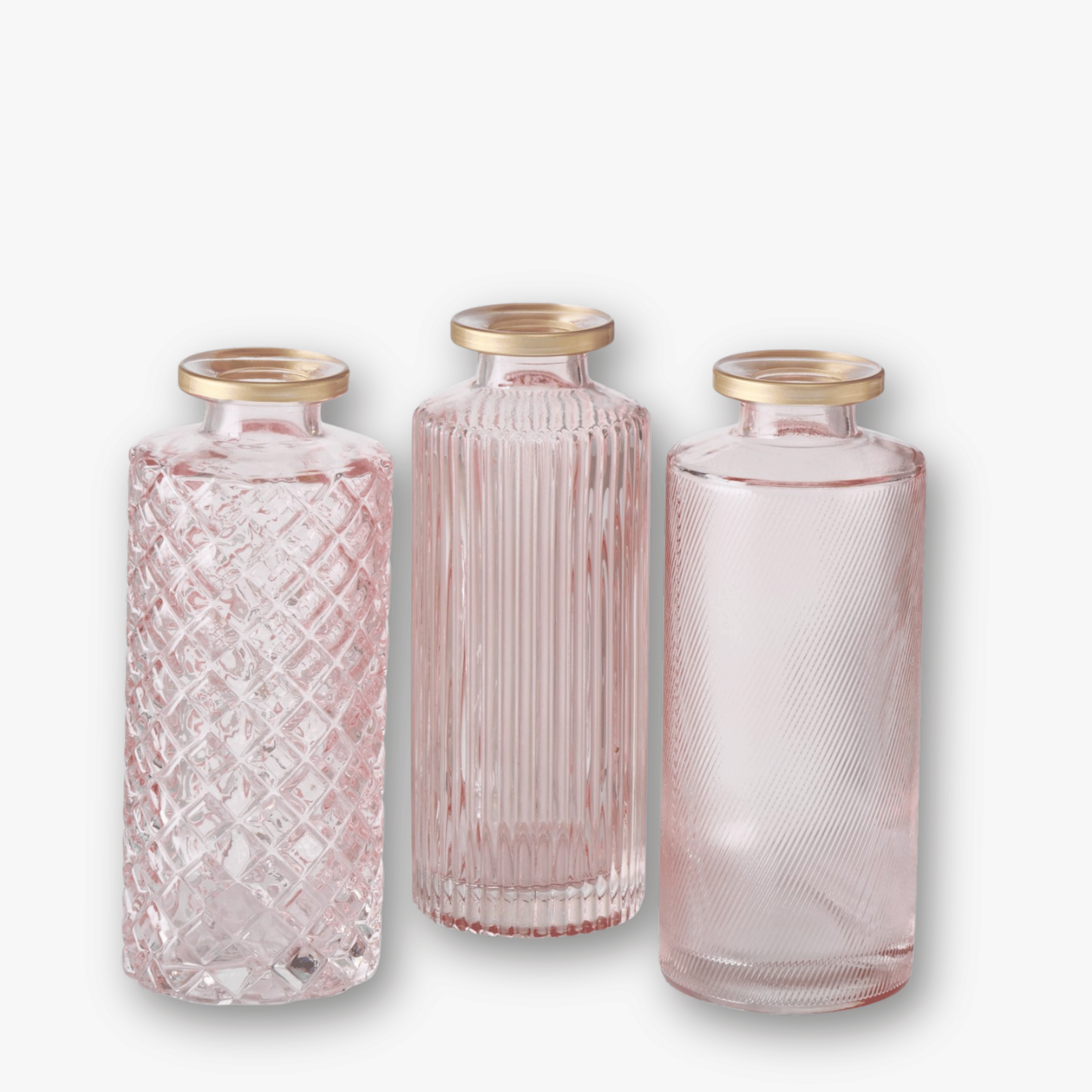 Flaschenvasen 3er Set - Struktur Mix Goldrand Rosé h13