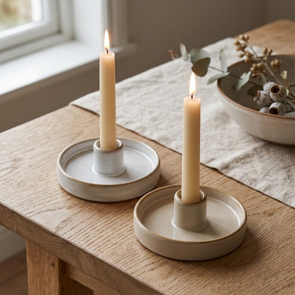Kerzenständer Set Keramik - Weiß/Creme (2-teilig)