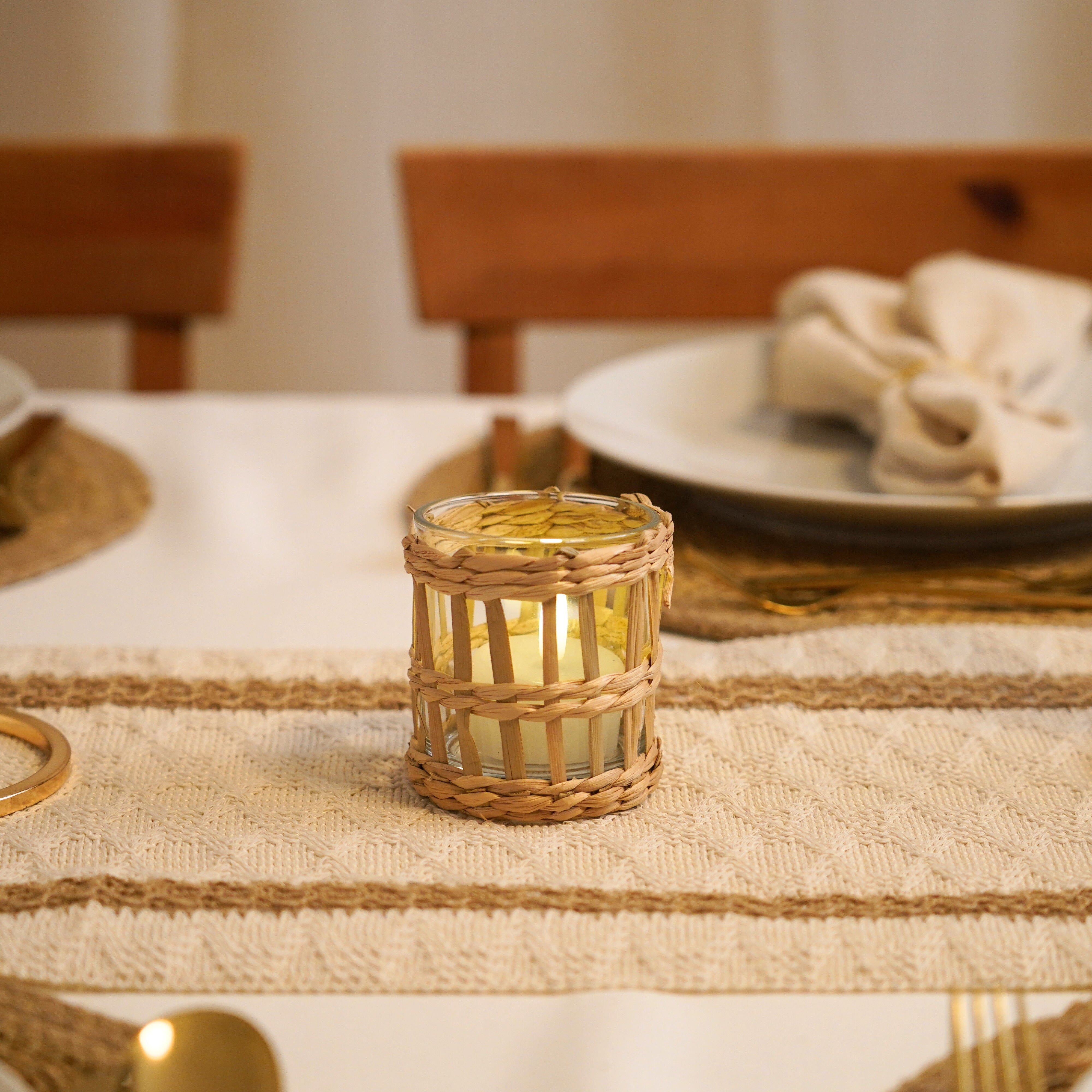 Teelichtgläser 3er Set - Rattan Boho Natur