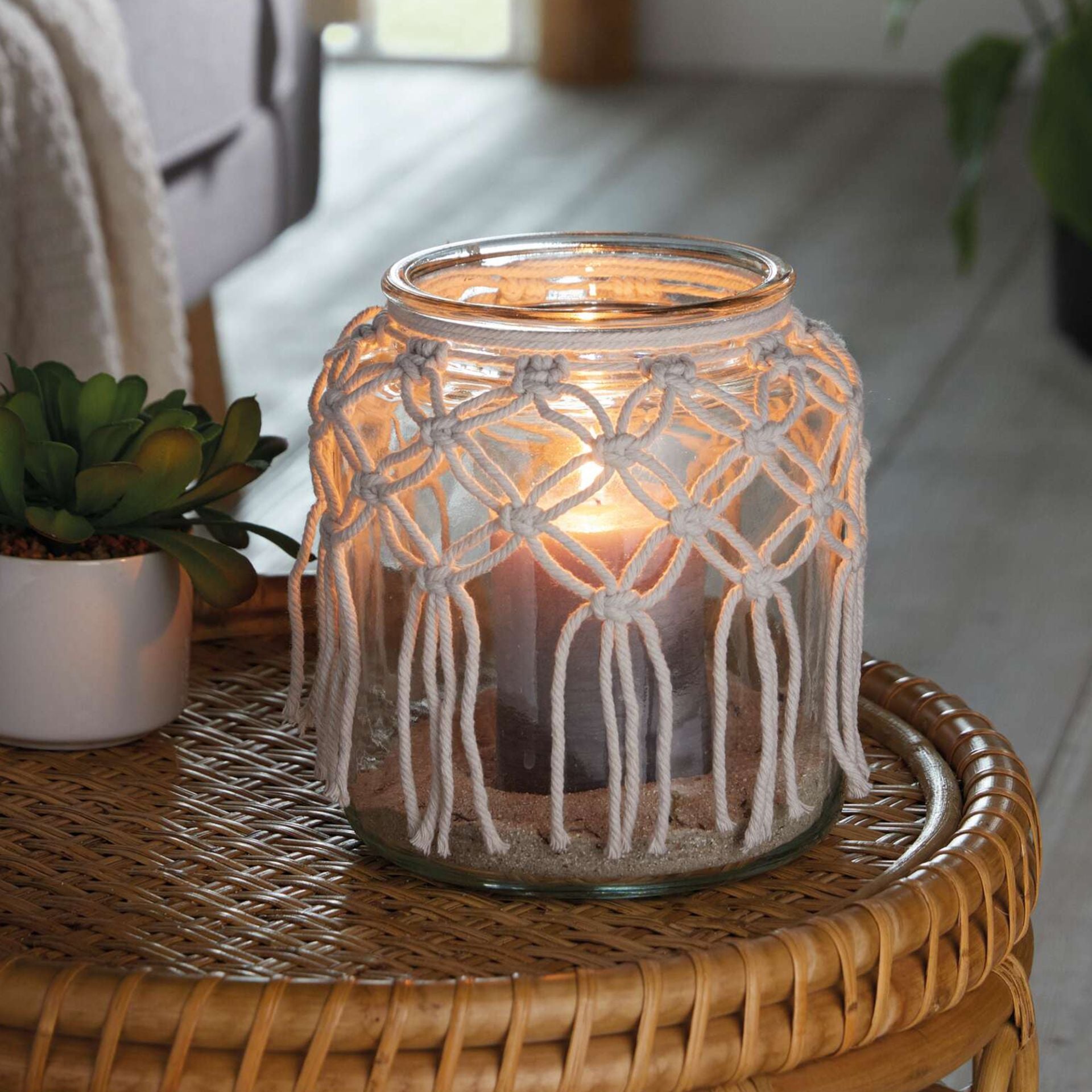 Windlicht Boho Makramee - Glas Weiß