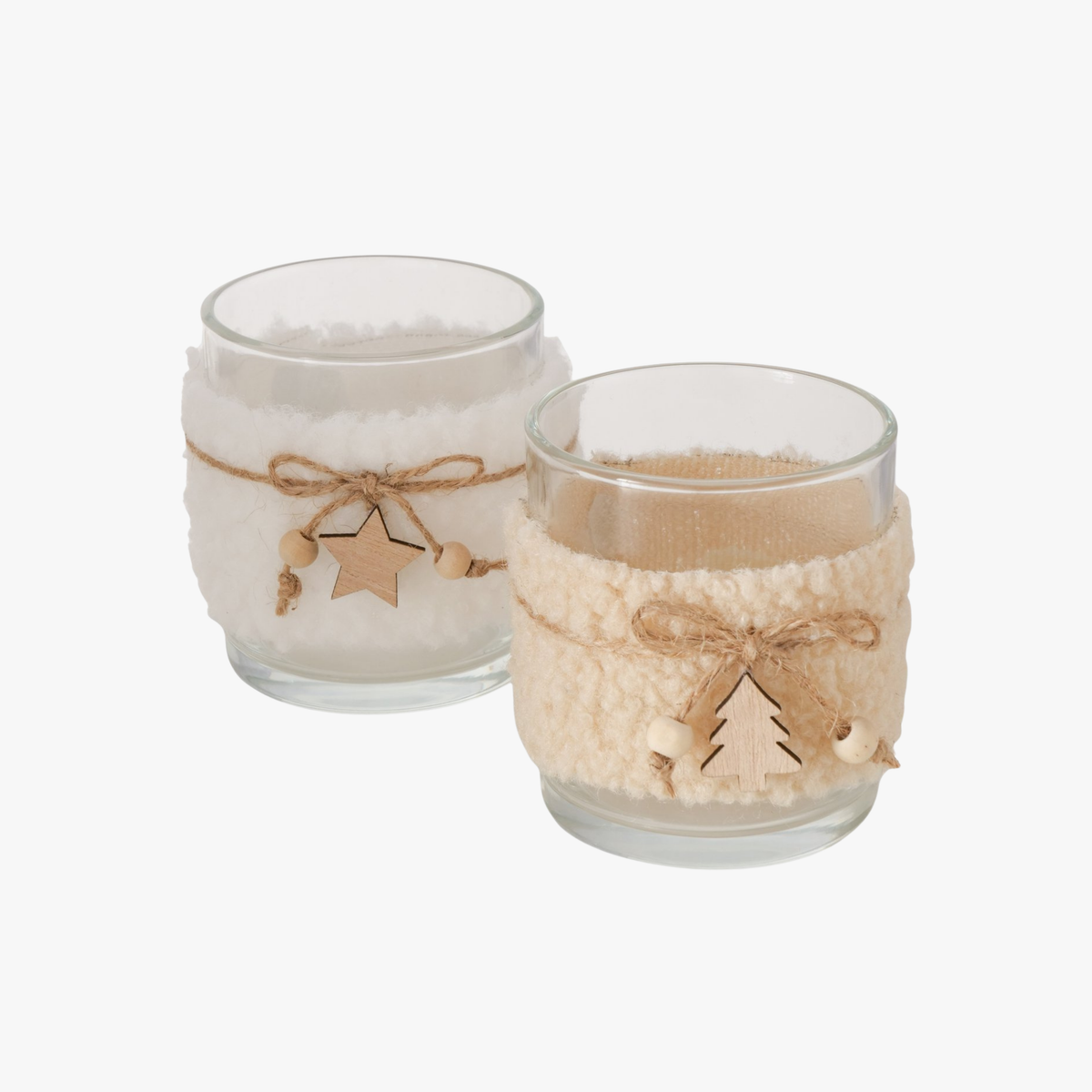 Windlichter Weihnachten Fell Glas 2er Set Teddy-Plüsch Weiß & Creme h8