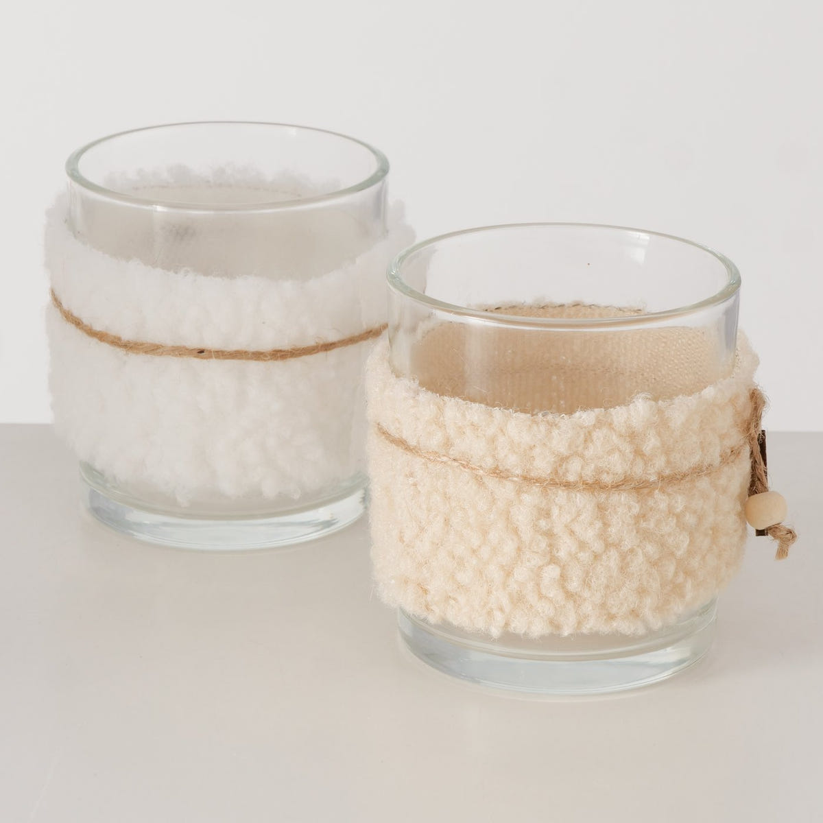 Windlichter Weihnachten Fell Glas 2er Set Teddy-Plüsch Weiß & Creme h8
