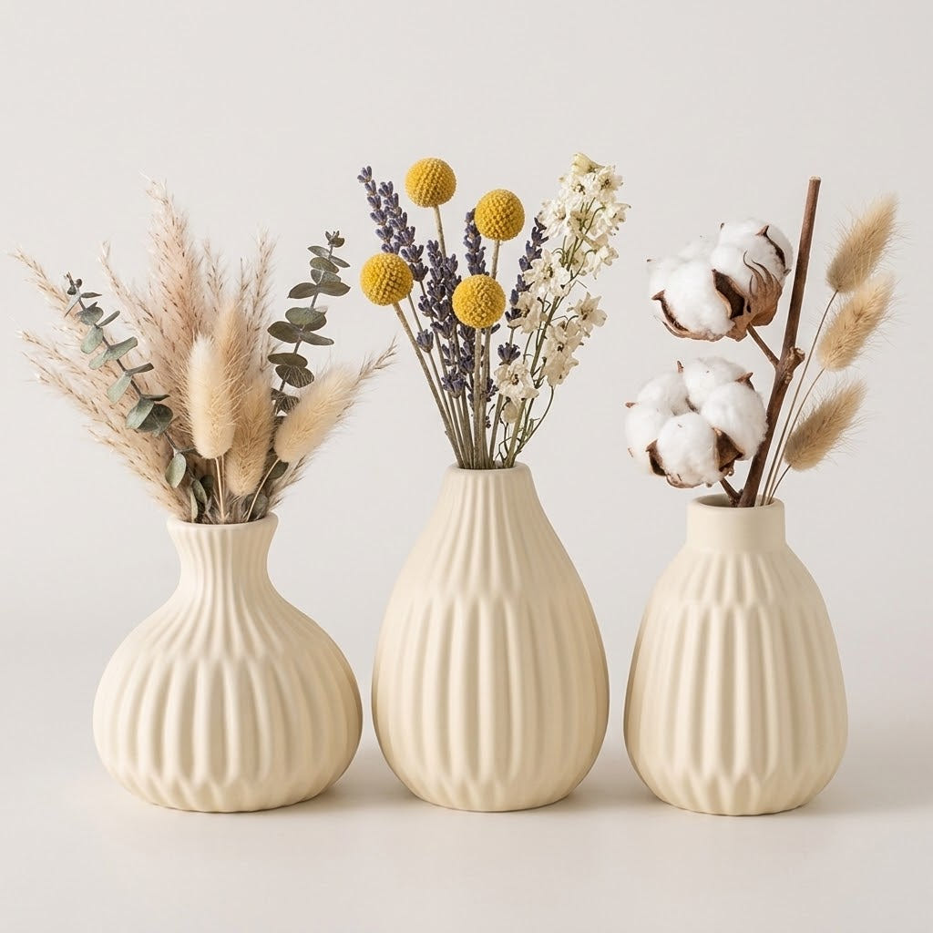 Keramikvasen 3er Set - Struktur Boho Beige h12