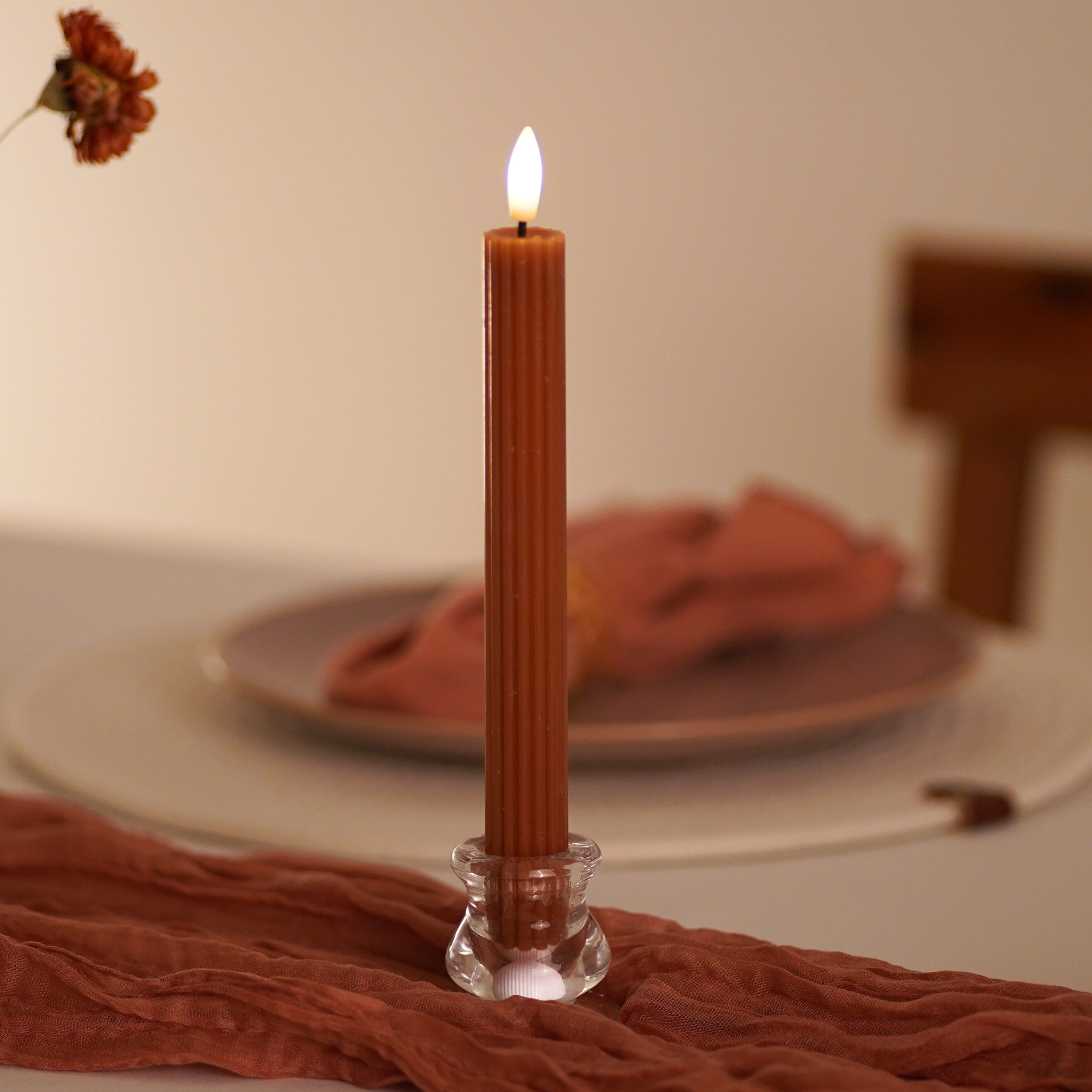 LED Stabkerze Echtwachs - Gerillt Terracotta