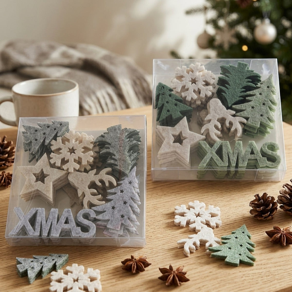 Streudeko Weihnachten Filz 42-teilig - Grün oder Grau