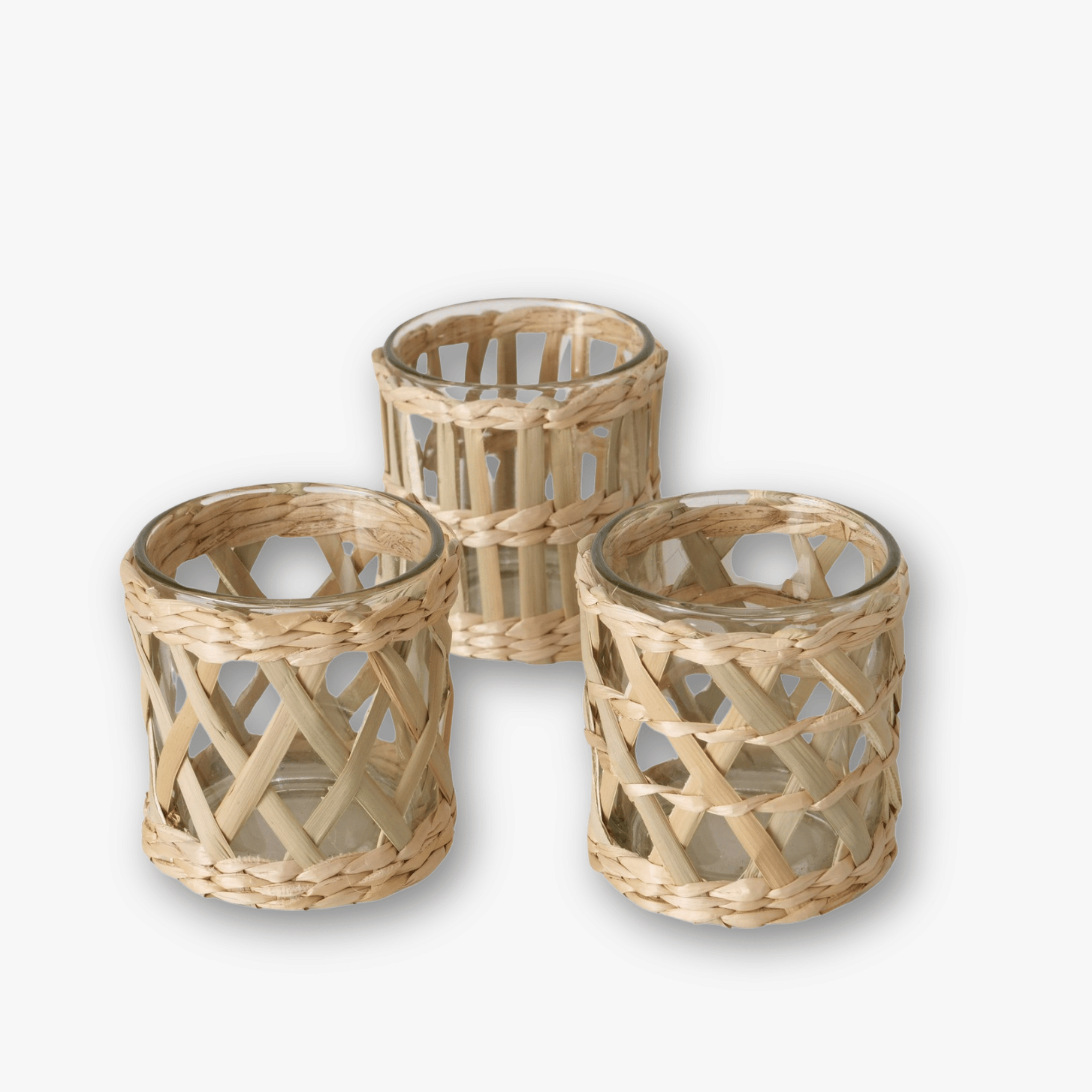 Teelichtgläser 3er Set - Rattan Boho Natur