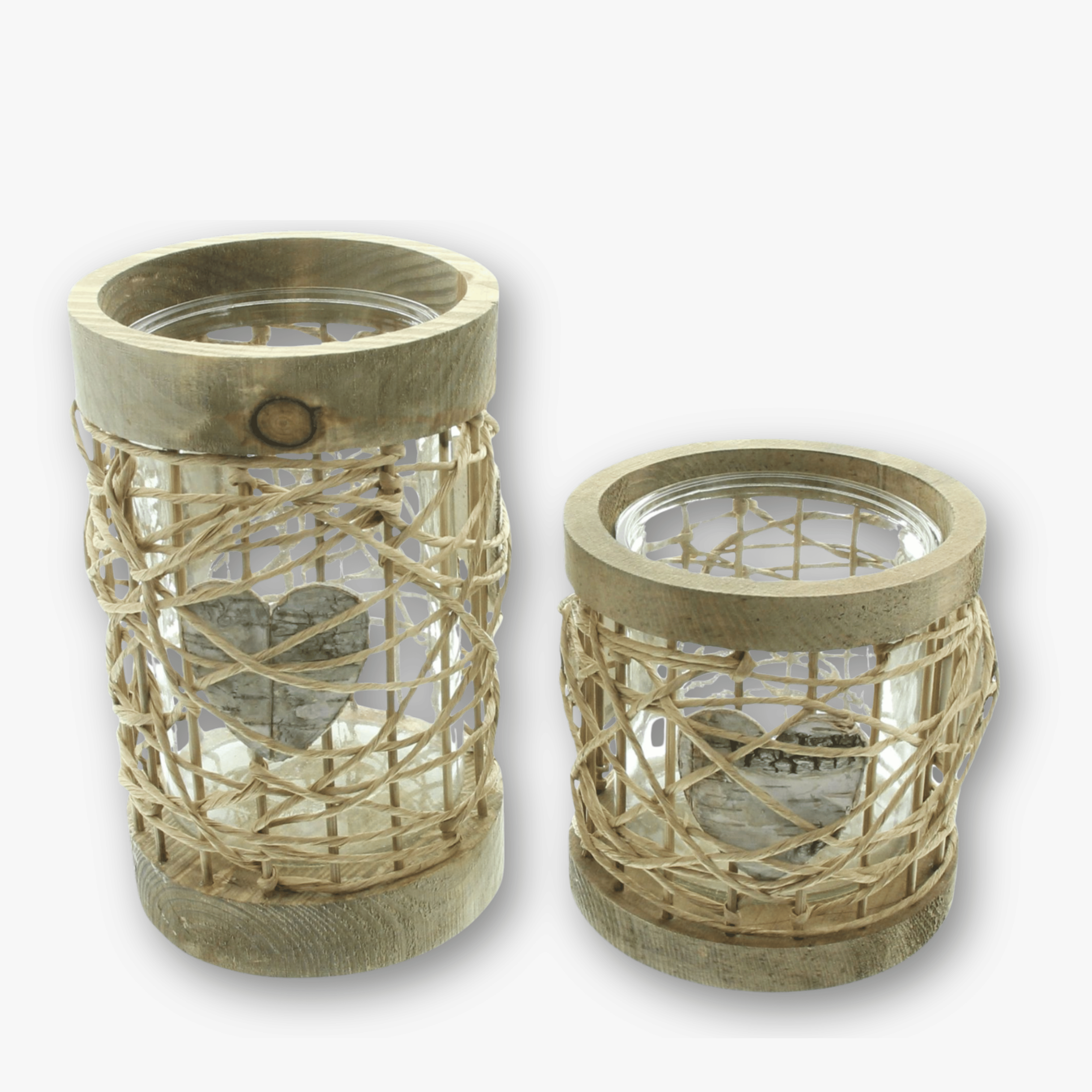 Windlicht Boho Rustikal 2er Set - Holz Geflecht