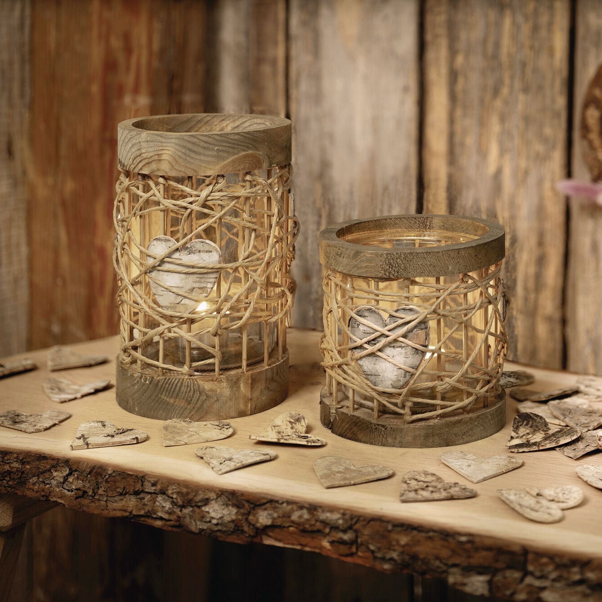 Windlicht Boho Rustikal 2er Set - Holz Geflecht