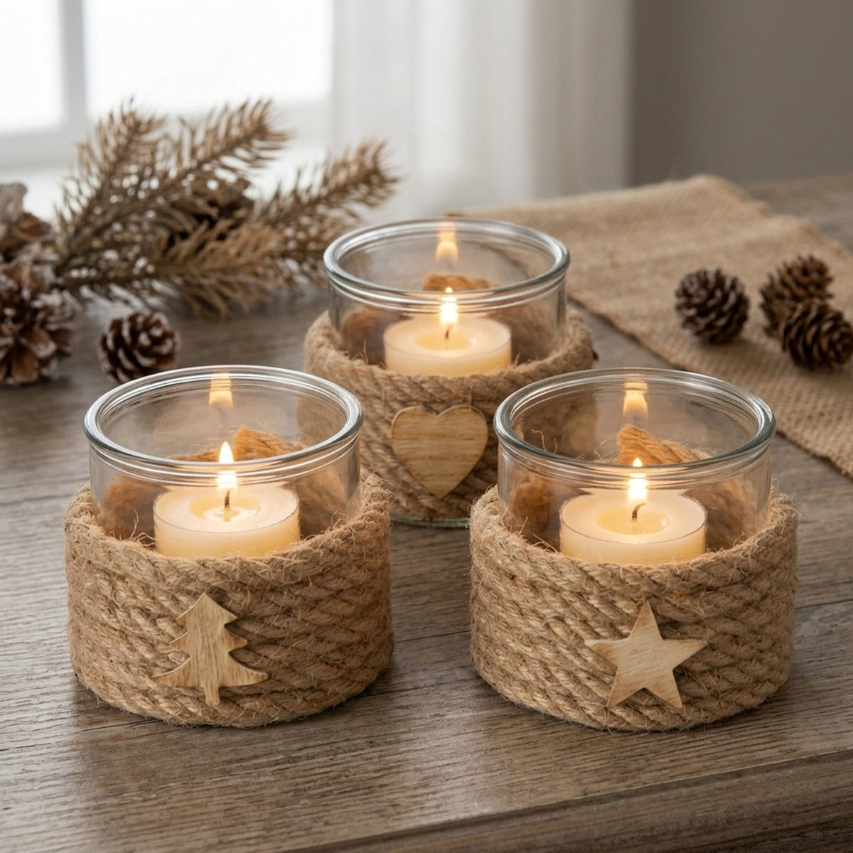 Windlicht Glas Jute - Holzmotiv Herz, Stern oder Baum h12