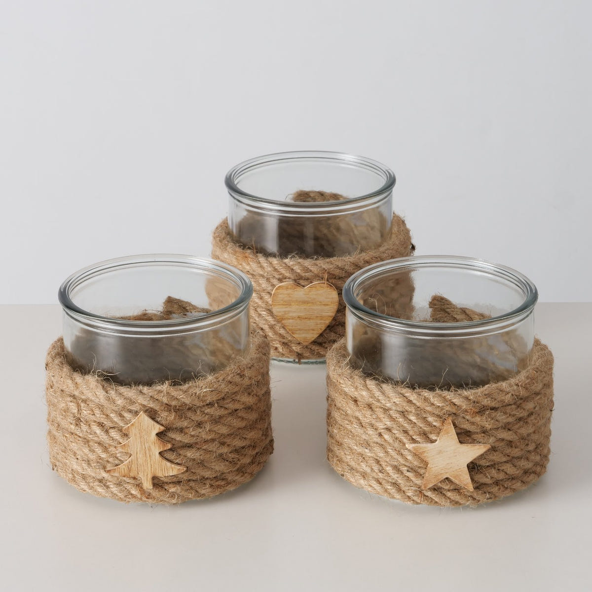 Windlicht Glas Jute - Holzmotiv Herz, Stern oder Baum h12