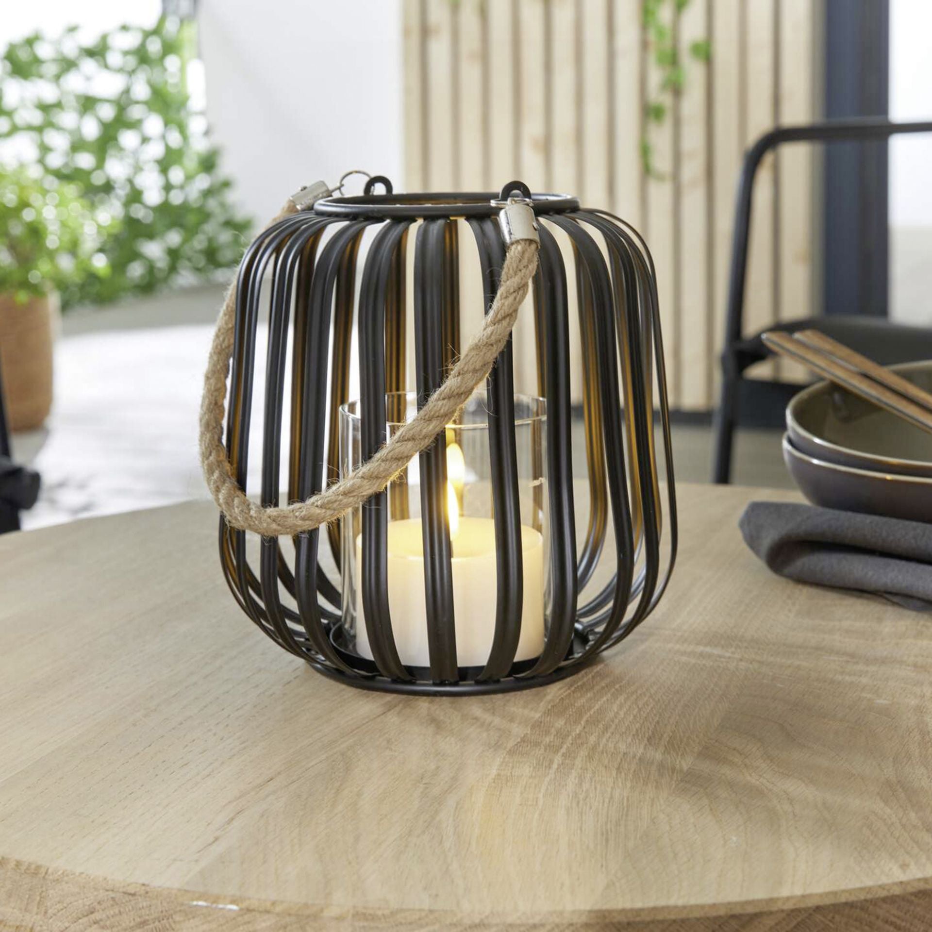 Windlicht Laterne Modern - Metall Schwarz mit Seilgriff