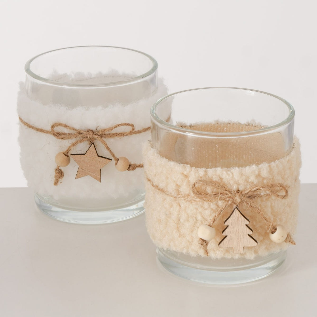 Windlichter Weihnachten Fell Glas 2er Set Teddy-Plüsch Weiß & Creme h8