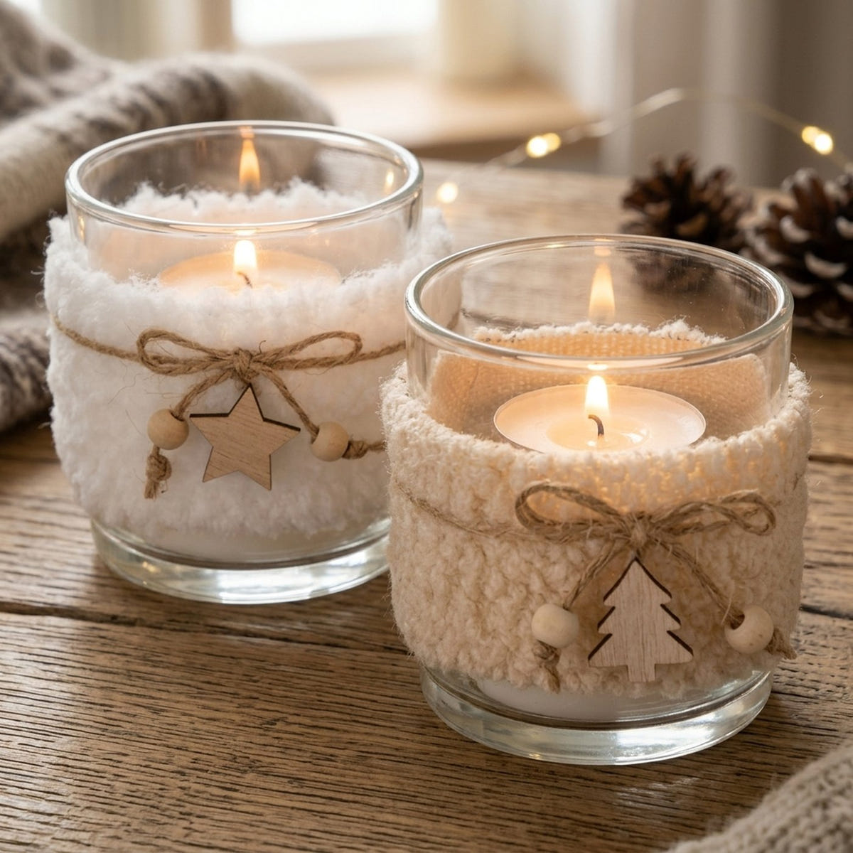 Windlichter Weihnachten Fell Glas 2er Set Teddy-Plüsch Weiß & Creme h8
