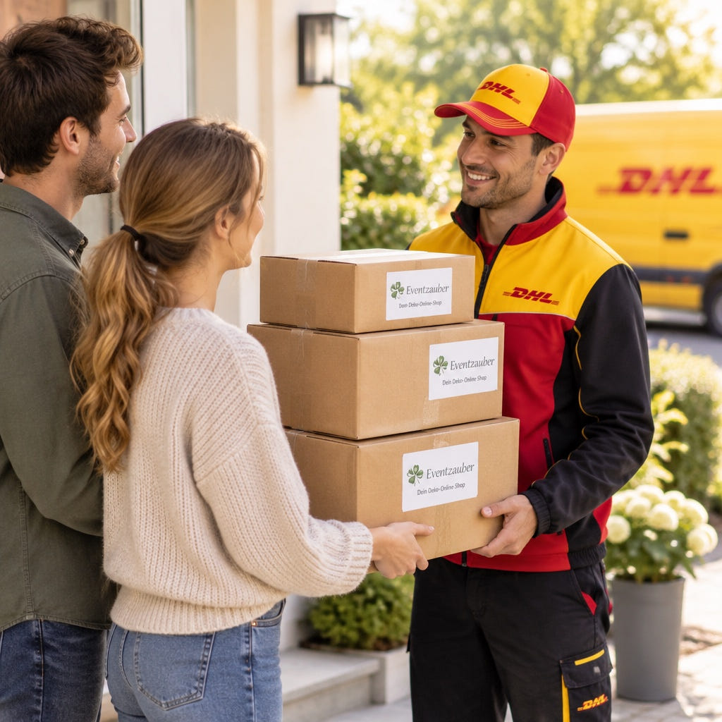 Eventzauber-Pakete werden an einen DHL-Boten übergeben