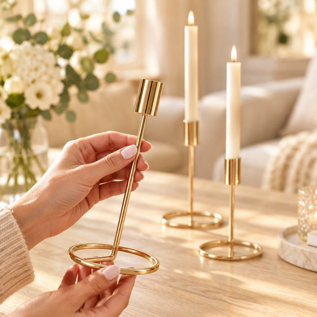 Goldener Kerzenständer von Eventzauber in der Hand – hochwertige Qualität