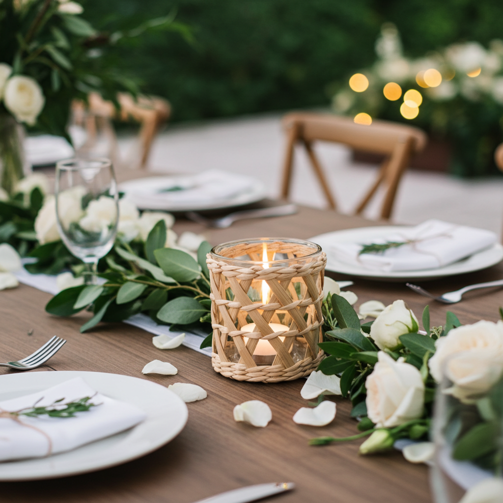 Teelichtgläser 3er Set - Rattan Boho Natur