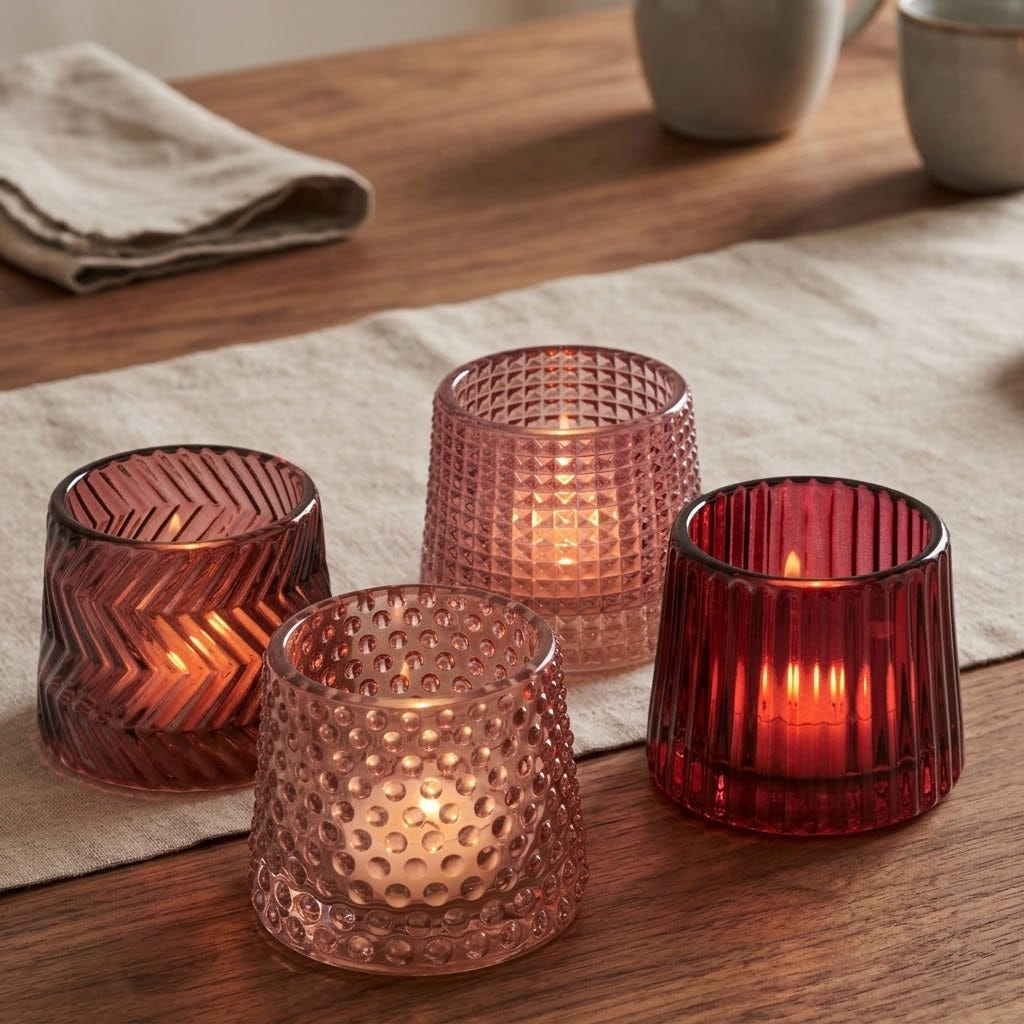 Teelichtgläser 4er Set - Struktur Mix Berry & Rosé